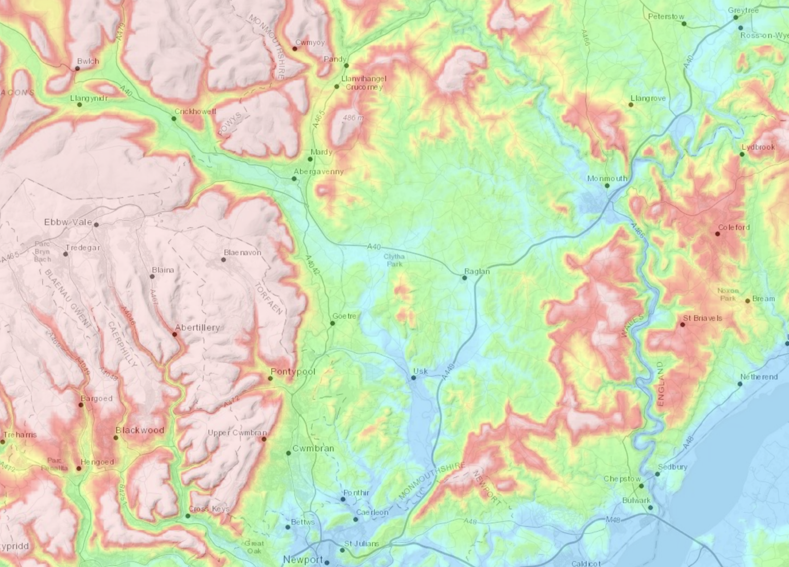 Topographical map of Monmouthshire